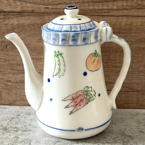 Studio Art Pottery Hand Painted Vegetable and Ribbon Motif Covered Pitcher 4.5" - Picture 2 of 9